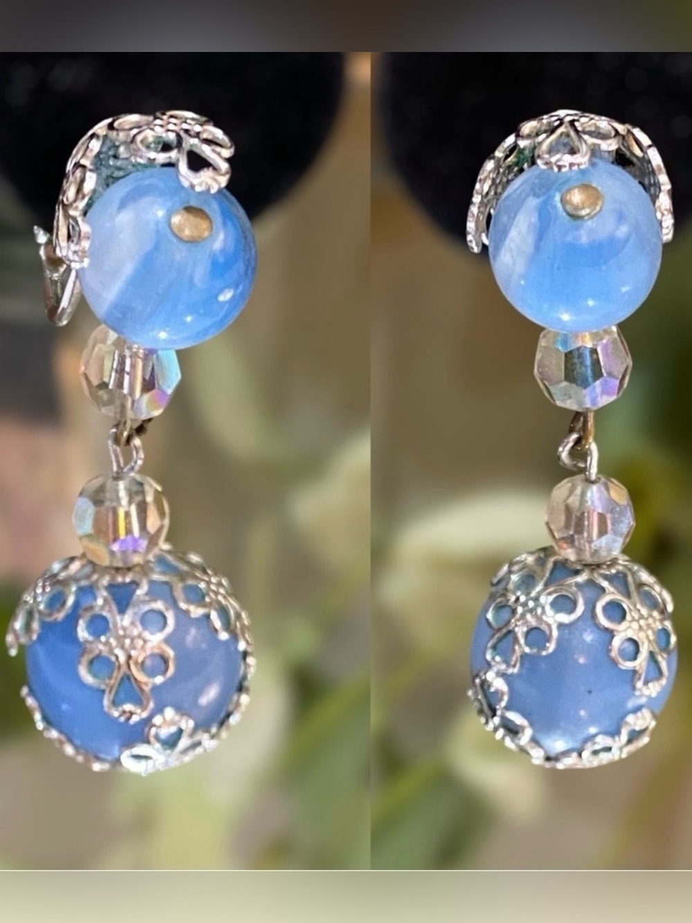 Vintage Coro Signed Blue Silver Beaded Drippy Drop Clip Earrings Filigree